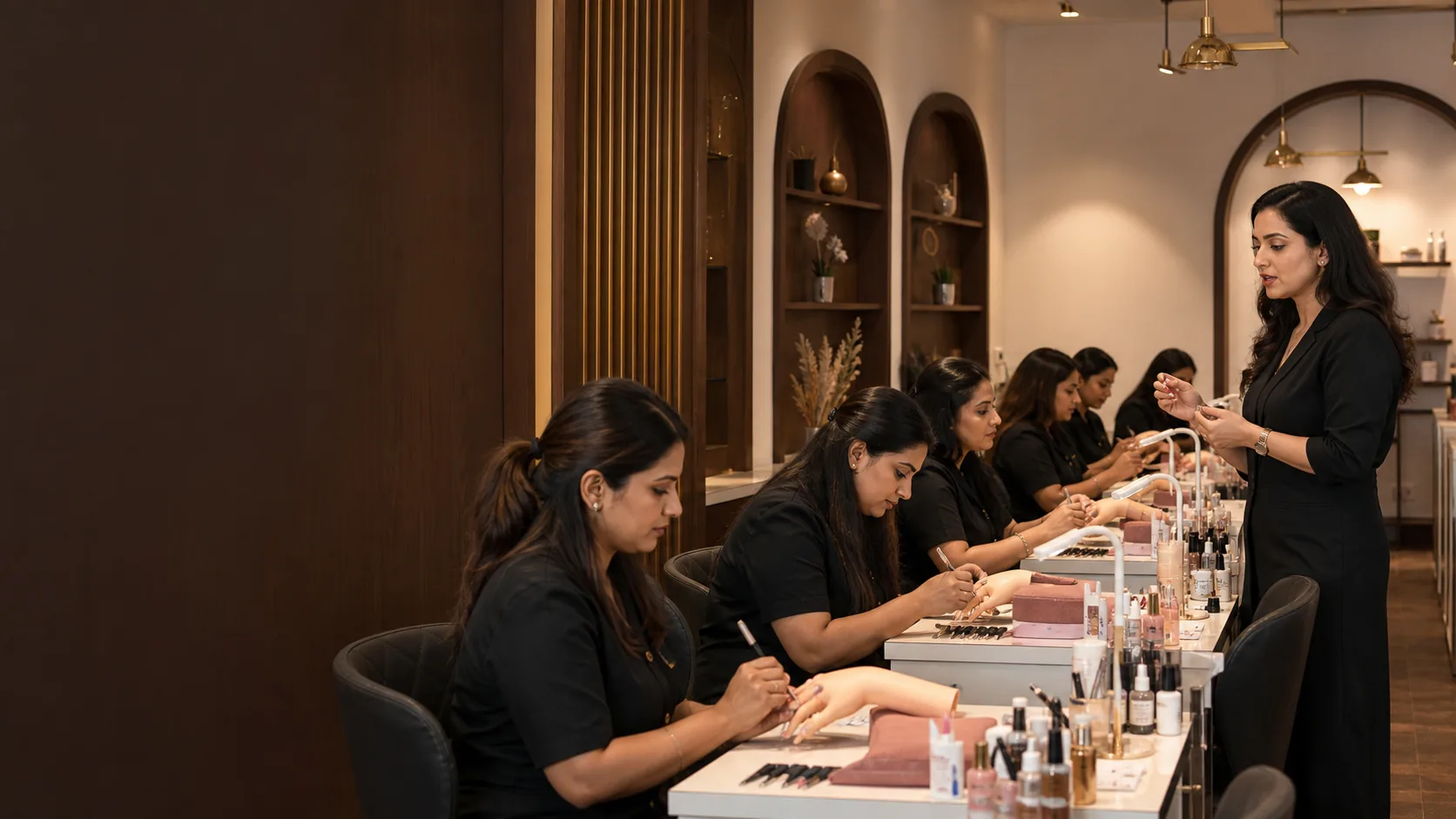 Adult students learning professional manicure techniques at Daisy Nail Academy