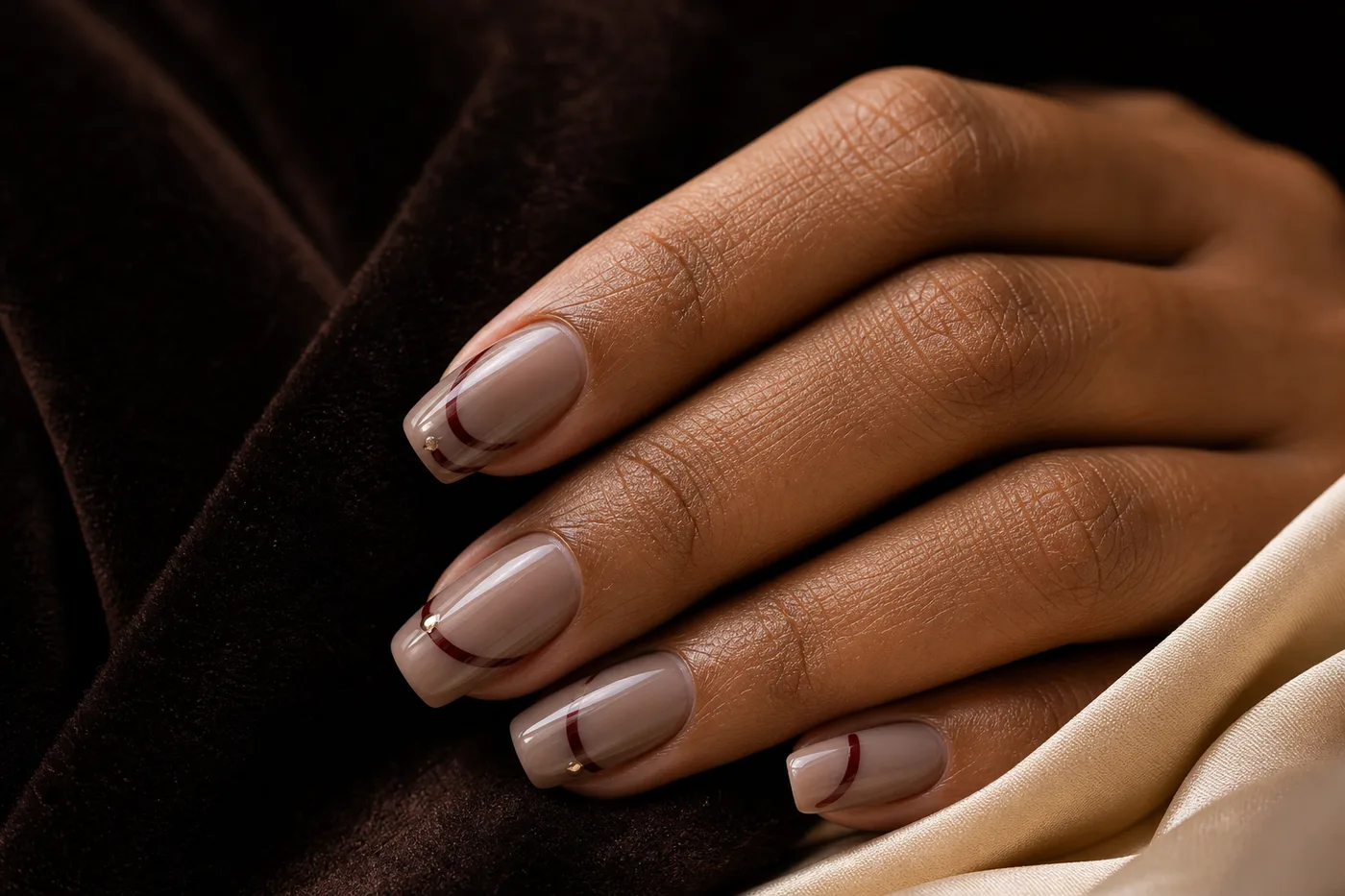 Fine oxblood curves and champagne details on a precision manicure