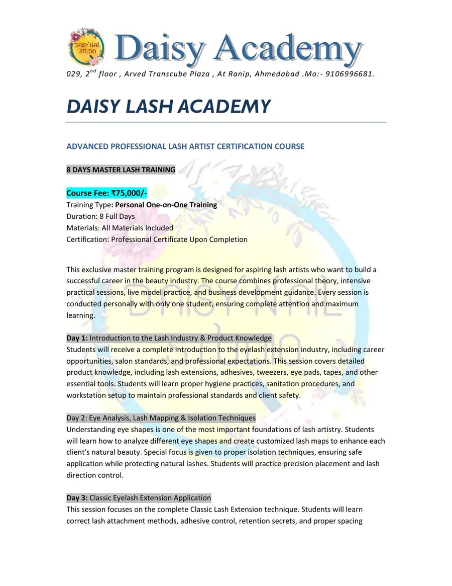 Cover of the Eyelash Master Class brochure