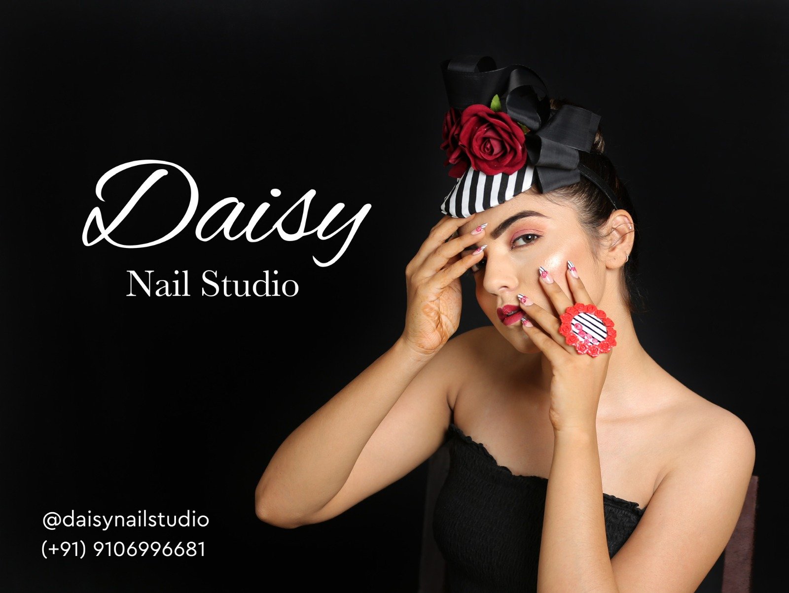 Daisy Nail Studio campaign featuring a model wearing editorial nail art