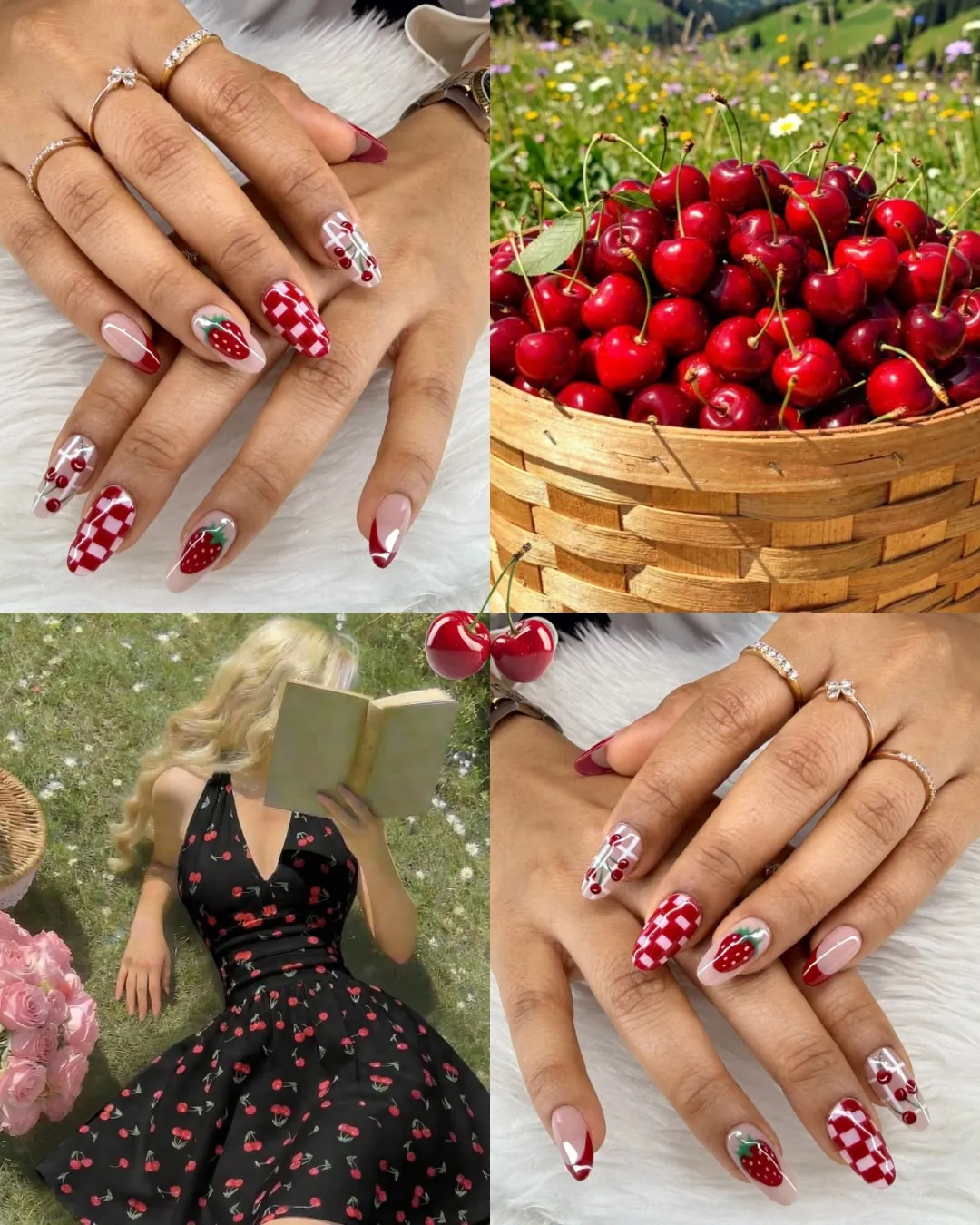 Daisy mood board pairing red gingham and strawberry nail art with summer styling