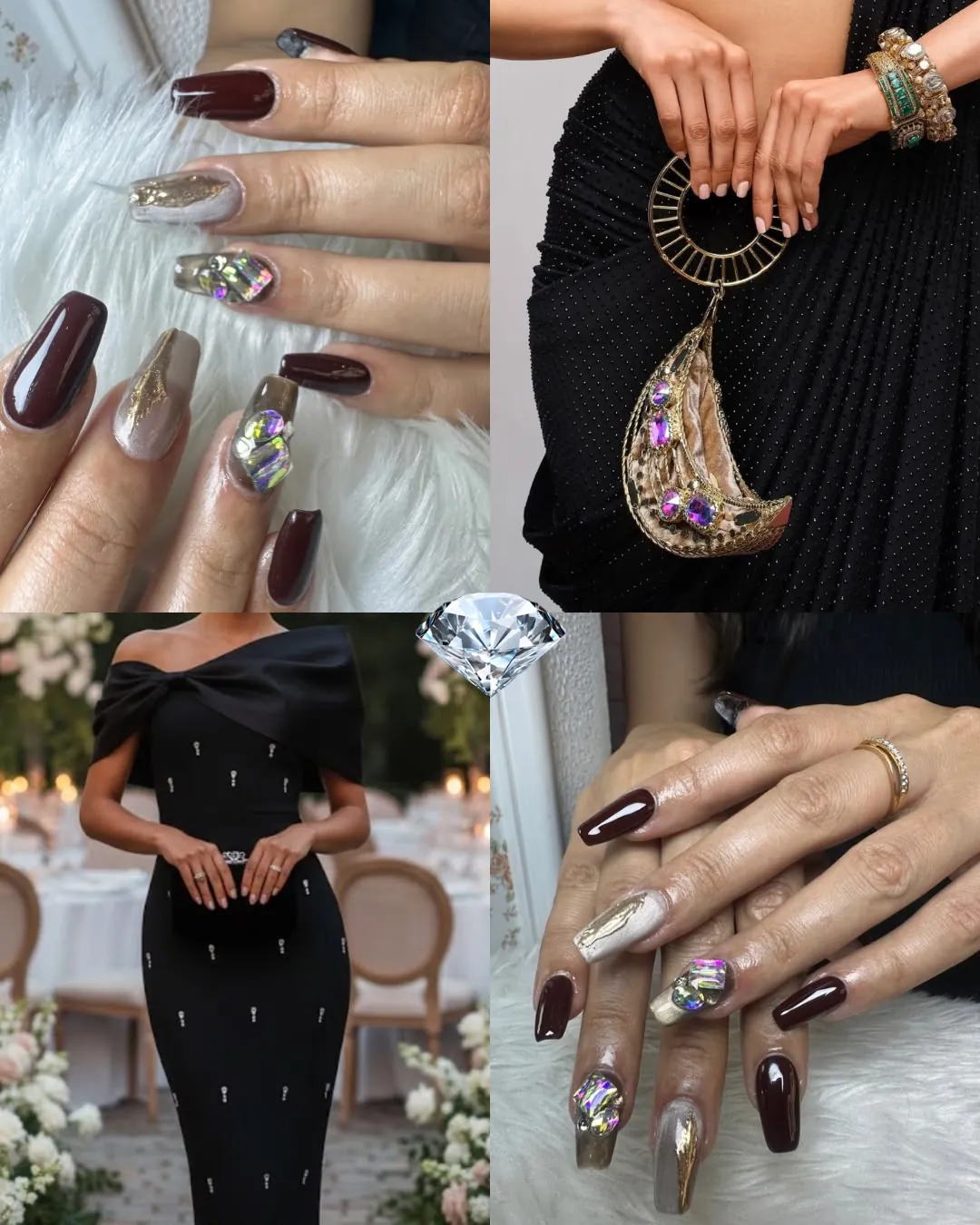 Daisy mood board pairing coffin extensions in cocoa and champagne chrome with evening styling