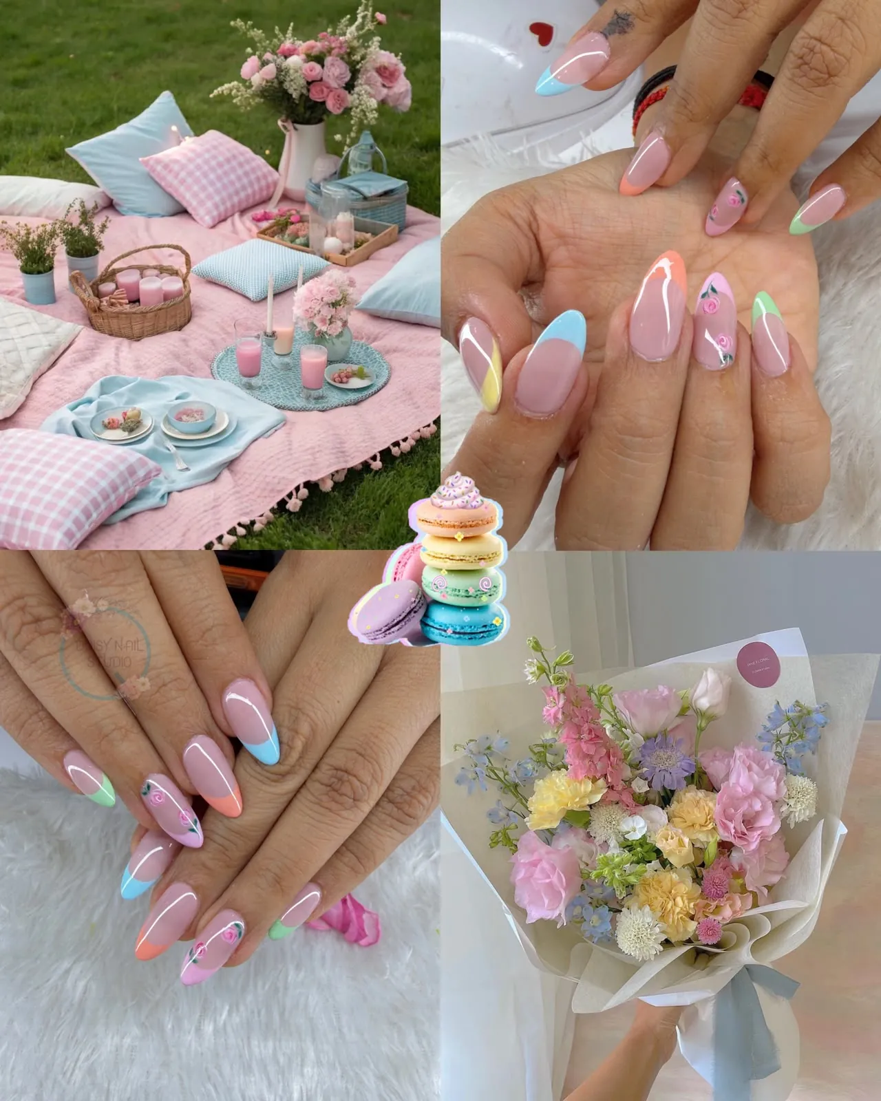Daisy mood board pairing pastel multicolour French tips and painted rosebuds with spring styling