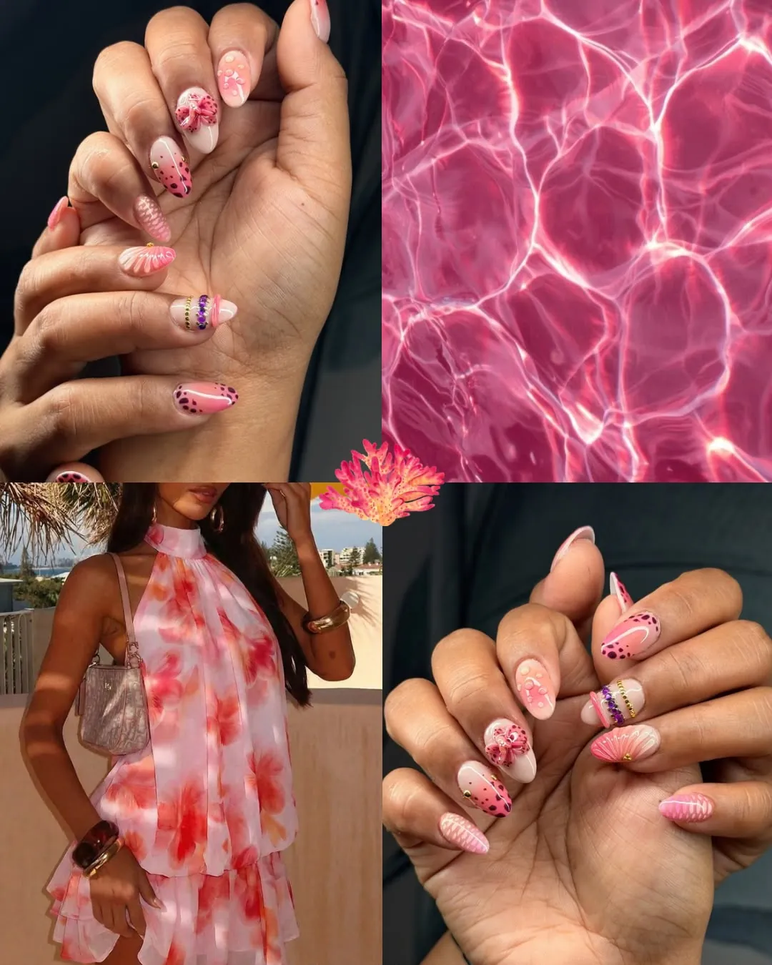 Daisy mood board pairing pink extensions with 3D bows and rhinestones with summer styling