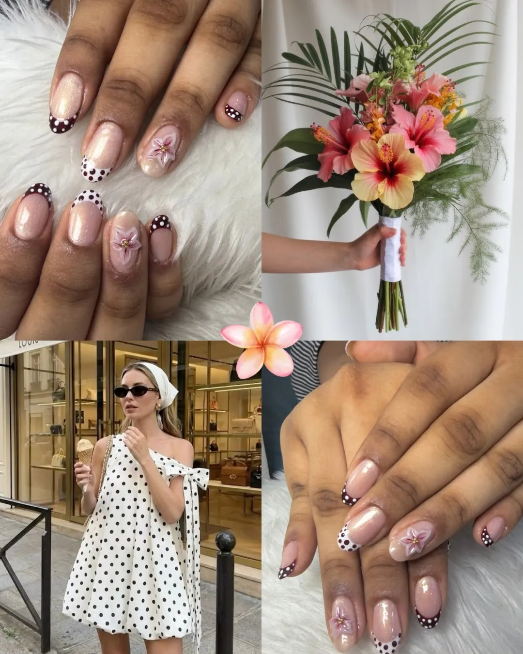 Daisy mood board pairing polka-dot French tips and 3D plumeria nails with tropical styling