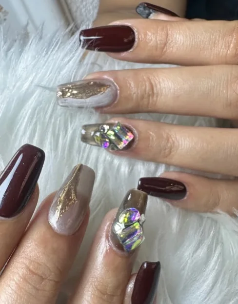 Coffin extensions in cocoa gloss, champagne chrome and abalone flakes