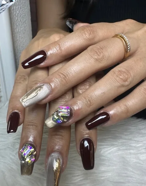 Long coffin gel extensions in cocoa gloss and champagne chrome